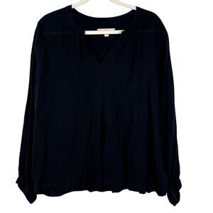 Loft Striped Textured Black Notched V-neck Top XL